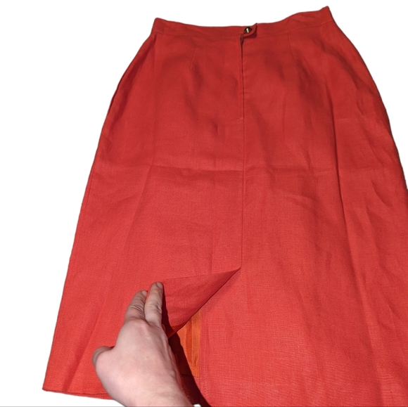 100% Flax Linen Orange Pencil Lined Pleated Pull On Pencil Skirt 8 - Picture 4 of 13